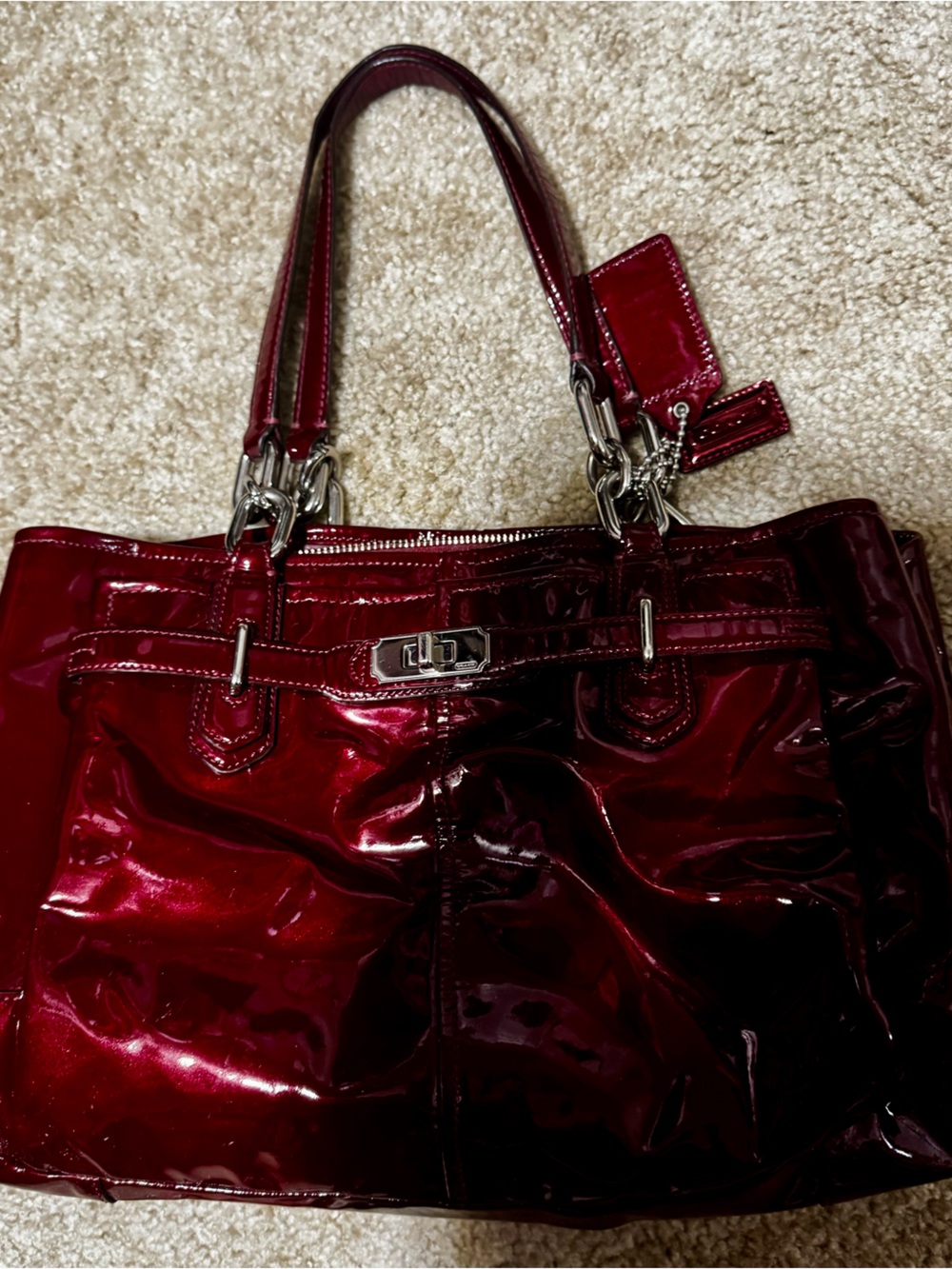 Coach Patent Shoulder Tote in Rich Burgundy